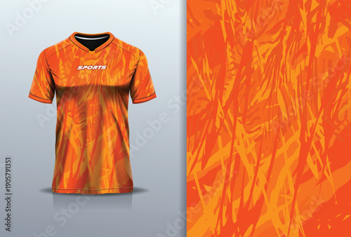T-shirt mockup abstract texture grunge sport jersey design for football, soccer, racing, esports, running, red yellow orange color