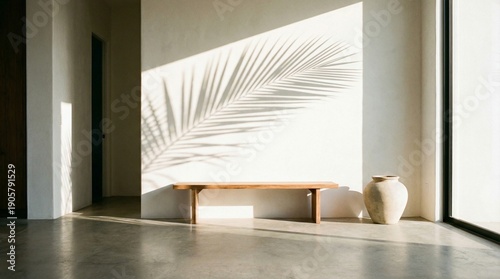 Minimalist room with wooden bench, sunlight streaming through window, palm leaf shadows on wall, and neutral tones.