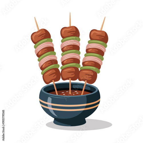 Delicious meat skewers in savory sauce bowl