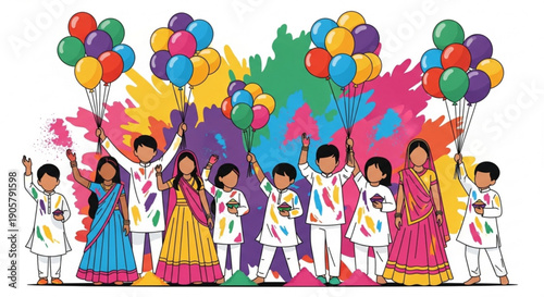 Diverse group of people celebrating Holi festival with colorful balloons and powder Indian culture concept for festive greetings and invitat