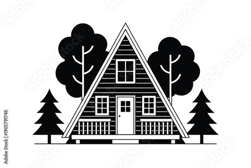 Cozy triangular cabin nestled amongst stylized trees in a serene outdoor setting