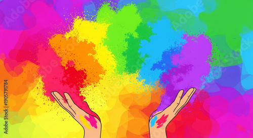 Hands releasing vibrant powder paint colorful explosion of Holi festival colors abstract background for celebration and creativity