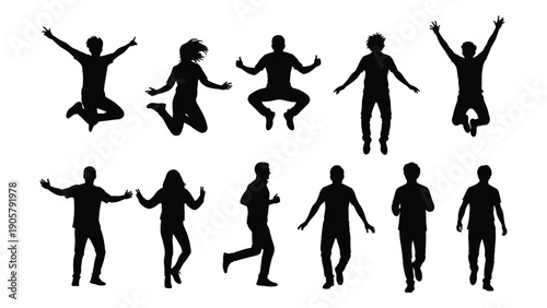 Diverse group of people dancing and jumping for joy in silhouette Vector