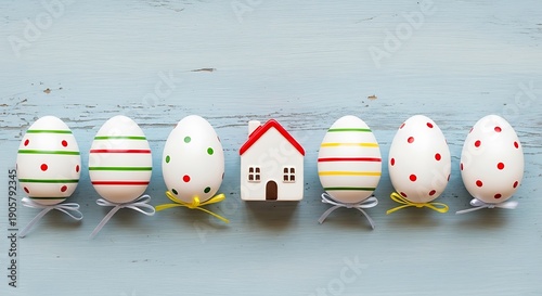 Row of decorated Easter eggs and a miniature white house with red roof on a light blue distressed wooden background, for spring and home themes.