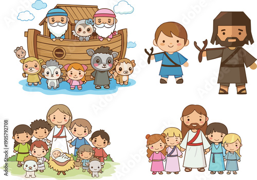 Cute biblical cartoon illustration set featuring Noahs Ark Jesus and children characters for kids religious education on white background
