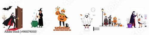 Halloween characters collection featuring vampires, witches, ghosts, and children trick-or-treating in a fun, flat design vector illustration.