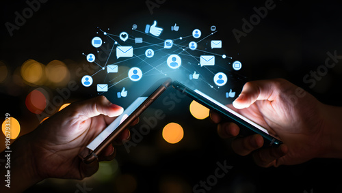 Social Connectivity Unveiled: Two hands hold up smartphones, connected by a network of glowing icons symbolizing digital interaction and communication