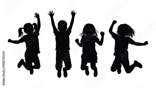 Silhouettes of joyful children jumping and celebrating together in the air Vector