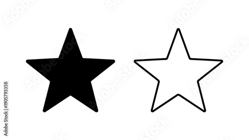A minimalist star icon set featuring black solid silhouette and thin line outline vector shapes isolated on transparent background.
