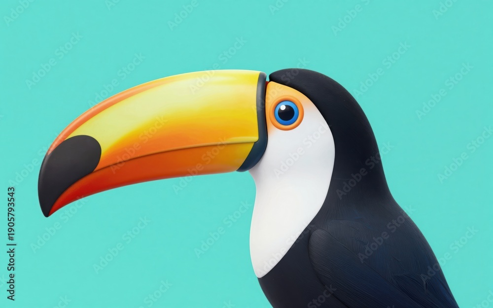 Fototapeta premium Minimalist 3D Style Toucan Portrait with a Large Colorful Beak Against Solid Blue Backdrop