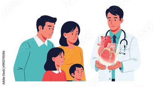 Family Health Consultation: A dedicated doctor engages in an informative discussion with a family, offering insights into human heart health and emphasizing preventive care