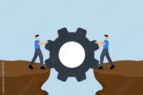 Risk management, businessman helps build equipment or cogs into bridge to walk over dangerous cliffs.