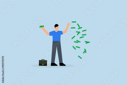 Success and wealthy fortune entrepreneur, millionaire businessman throws out bunch of bills that fly into the air