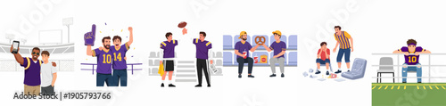 A collection of diverse moments depicting the emotions, celebrations, and interactions of American football fans and participants at a stadium event.