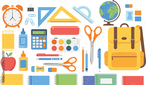 Back to School Supplies Illustration with Backpack Stationery Calculator Globe Scissors Paint and Classroom Learning Tools for Education Student Concept Vector