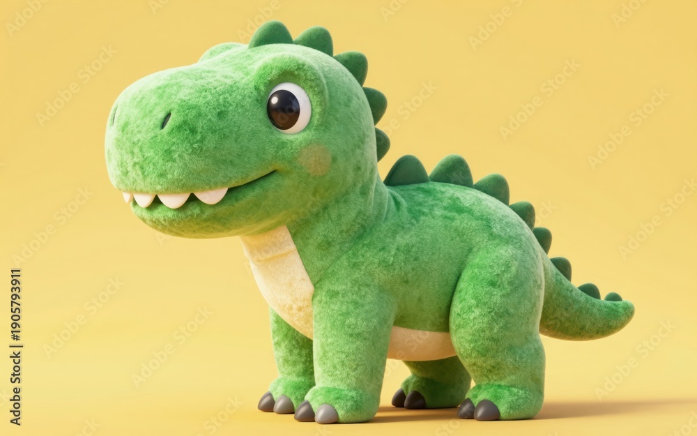 Fototapeta premium Adorable green dinosaur plushie with soft spikes and big eyes over a vibrant yellow backdrop.
