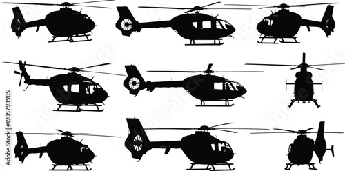 Helicopter silhouette set from different angles, aviation transport vector collection, emergency rescue chopper icons, military aircraft silhouettes, aerial flight vehicle engineering design,