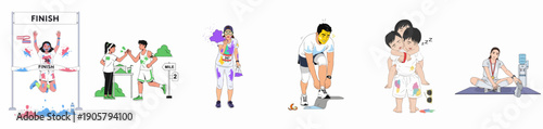 Vignettes illustrating various stages and moments of a colorful fun run or marathon, from finishing the race to stretching and family participation.