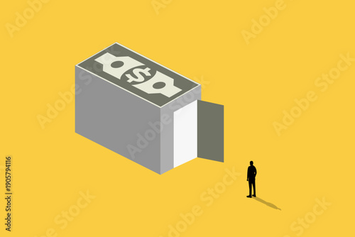 Businessman standing in front of a large building shaped like a stack of dollar bills with an open door. Concept of banking, financial security, investment opportunities, money storage