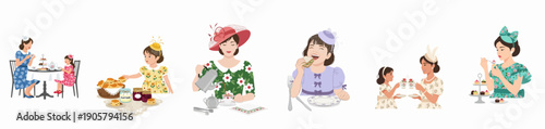 Elegant ladies and girls enjoying a vintage afternoon tea party set, featuring traditional food, fancy hats, and beautiful dresses.
