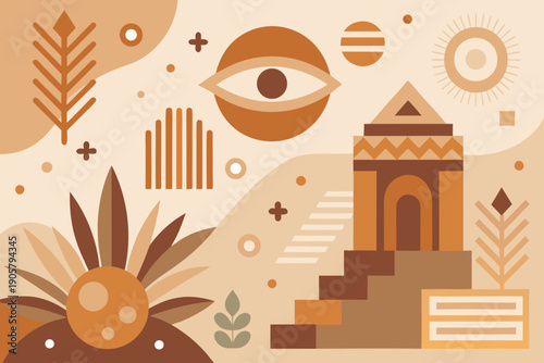 Abstract ancient temple background with minimal symbols