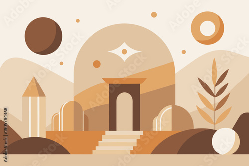 Ancient gateway landscape with abstract shapes and plant