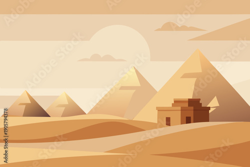 Ancient egyptian desert landscape with pyramids and temple