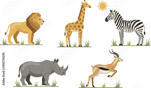 African Safari Animal Collection, Realistic Bengal Tiger and Cartoon Lion, Giraffe, Zebra, and Rhino Set for Kids and Education