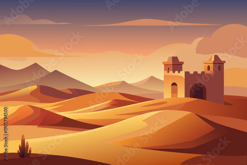 Desert castle on sand dunes with mountains and clouds