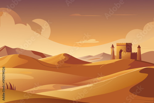 Desert landscape with castle and sand dunes at sunset