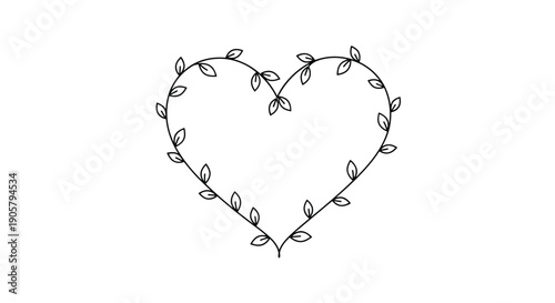 Heart-shaped frame is delicately constructed from thin vines and small leaves in a minimalist black and white line-art style for romance.