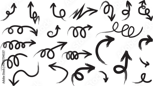 Diverse arrows collection in various styles and directions on white background