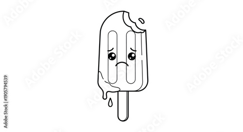 Sad melting popsicle with a bite taken out of the top features large crying eyes and dripping liquid in a cute line-art illustration.