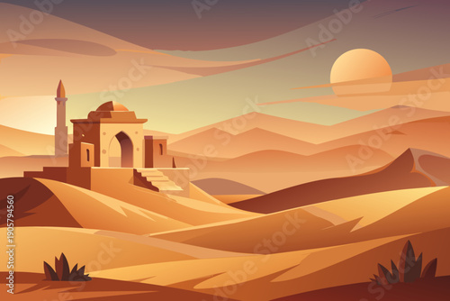 Desert temple with minaret and dome on sandy dunes at sunset