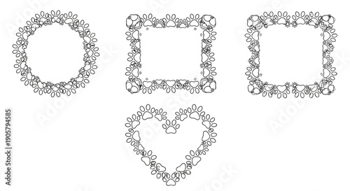 Set of four frames including circle, square, rectangle, and heart shapes is made entirely of paw prints in a simple line-art style.