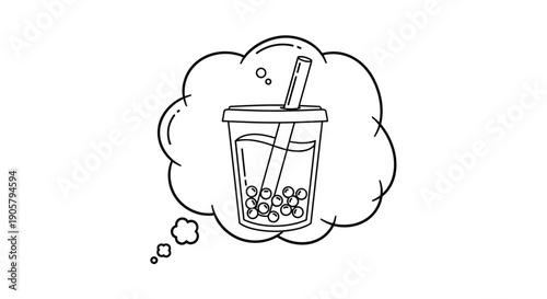 Black and white line art of a bubble tea drink in a plastic cup with a straw inside a dreamy thought bubble.