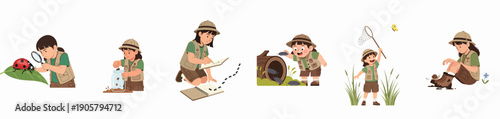 Entomology exploration set: Cute cartoon illustrations of a curious girl studying insects, catching bugs, and documenting findings in nature.