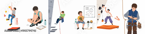 Indoor Rock Climbing Training Stages Illustration Set: Young climbers preparing gear, ascending walls, strategizing routes, and celebrating athletic achievement.