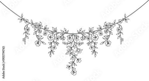 Ornate hand drawn black and white flower garland with drooping blossoms and vines for wedding invitation design.