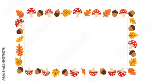 Whimsical rectangular frame decorated with a pattern of mushrooms acorns and autumn leaves for seasonal design.