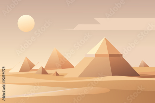 Minimalist ancient egyptian desert landscape with pyramids and soft sand