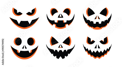 Collection of six different scary jack-o-lantern faces with expressive eyes and mouths offers options for creative halloween pumpkin carving designs.