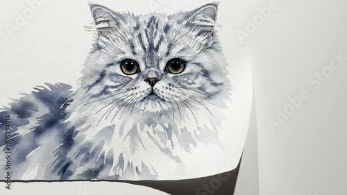 Close-Up Watercolor Painting of a Fluffy Persian Cat With Big Brown Eyes
