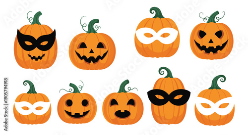 Diverse assortment of nine orange pumpkins featuring various expressions and masks provides a festive array for halloween and autumn celebrations.