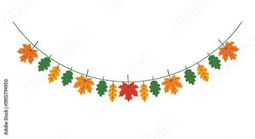 Festive garland made of colorful autumn leaves including maple and oak provides a natural border for fall celebrations and harvest events.