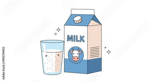 Classic illustration of a blue milk carton and a glass of fresh white milk features a friendly cow icon and provides a nutritious drink for any meal.