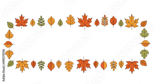 Rectangular frame composed of various colorful autumn leaves like maple and oak creates a natural border for fall announcements and celebrations.