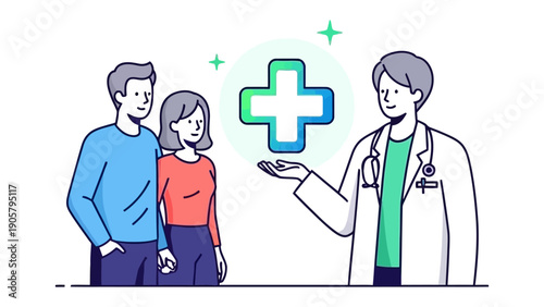 Healthcare Consultation: A doctor explains the benefits of the plus sign to a patient couple, offering reassurance and highlighting healthcare services. 