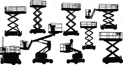 Scissor lift silhouette set, aerial work platform icons, construction machinery collection, boom lift vector illustrations, industrial lifting equipment, hydraulic man lift height, aerial