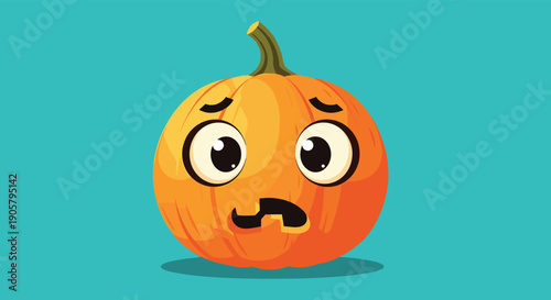 Worried orange pumpkin with large eyes and a nervous expression is set against a teal background for a humorous and cute halloween character design.